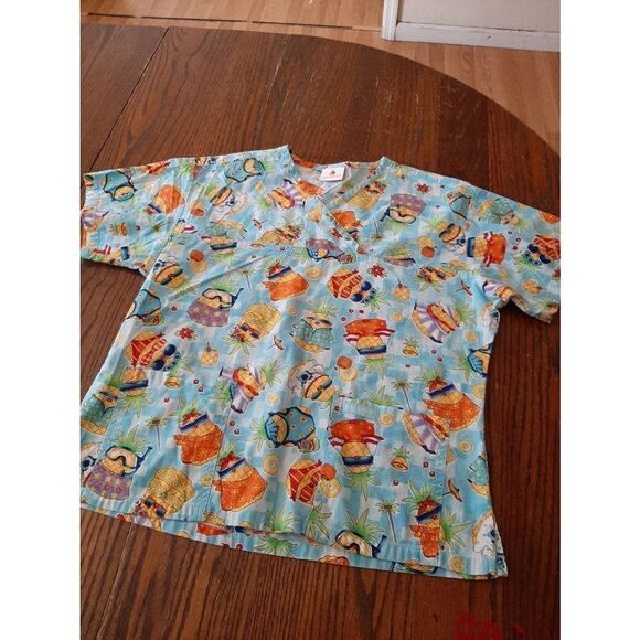 Small Peaches Pineapple Summer Short Sleeve V-Neck Scrub Top Shirt - Picture 1 of 3